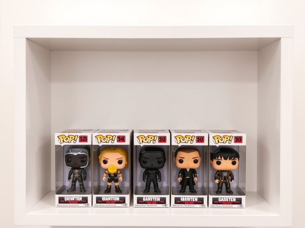 minimalist display shelf with perfectly aligned Funko Pops in protectors, clean aesthetic