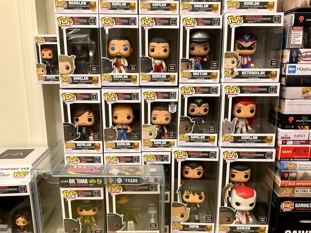 stack of Funko Pop boxes carefully stored in protective cases, labeled and organized