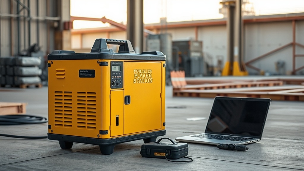 Portable power station on a job site with power meter showing actual output