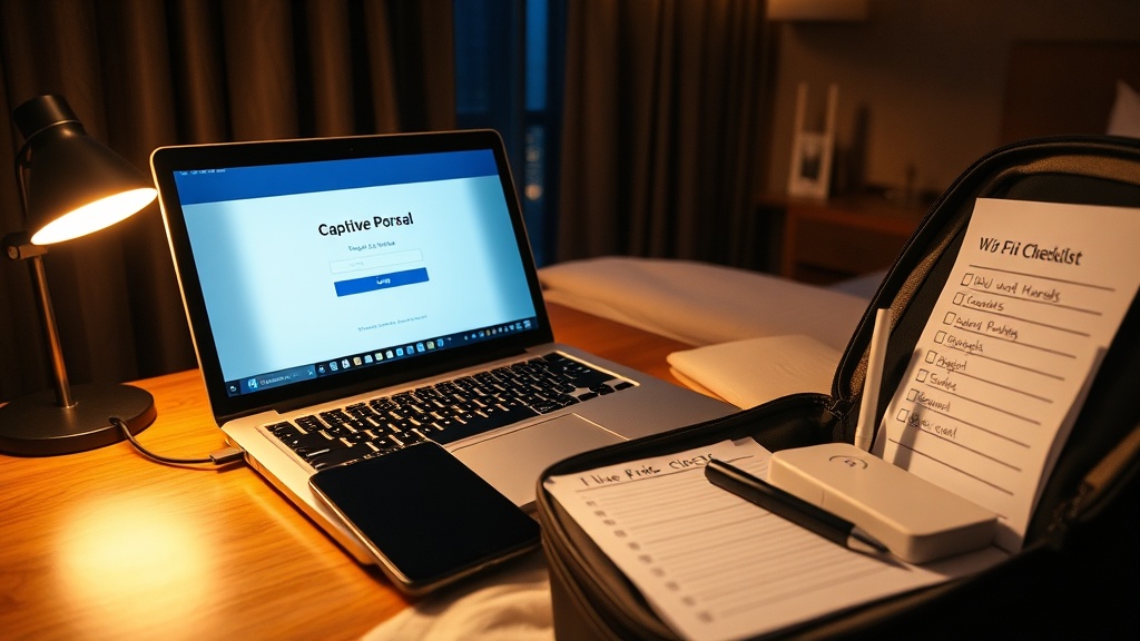 Laptop and phone on a hotel desk showing a captive portal login loop while a notepad checklist sits nearby
