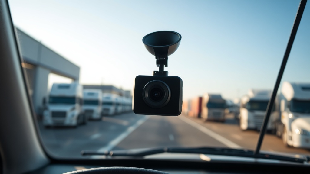 Dashcam mounted on a commercial truck windshield overlooking a fleet parking lot