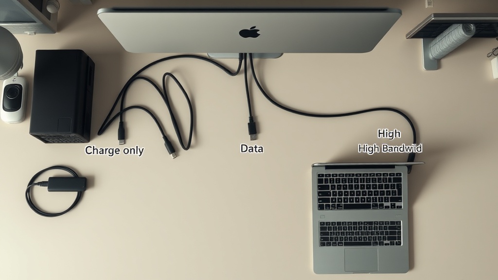 Labeled USB-C cables organized by job at a workstation