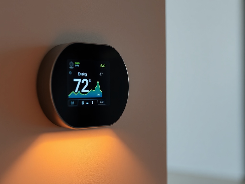 a modern home thermostat mounted on a wall displaying energy usage graphs, warm lighting, minimalistic interior