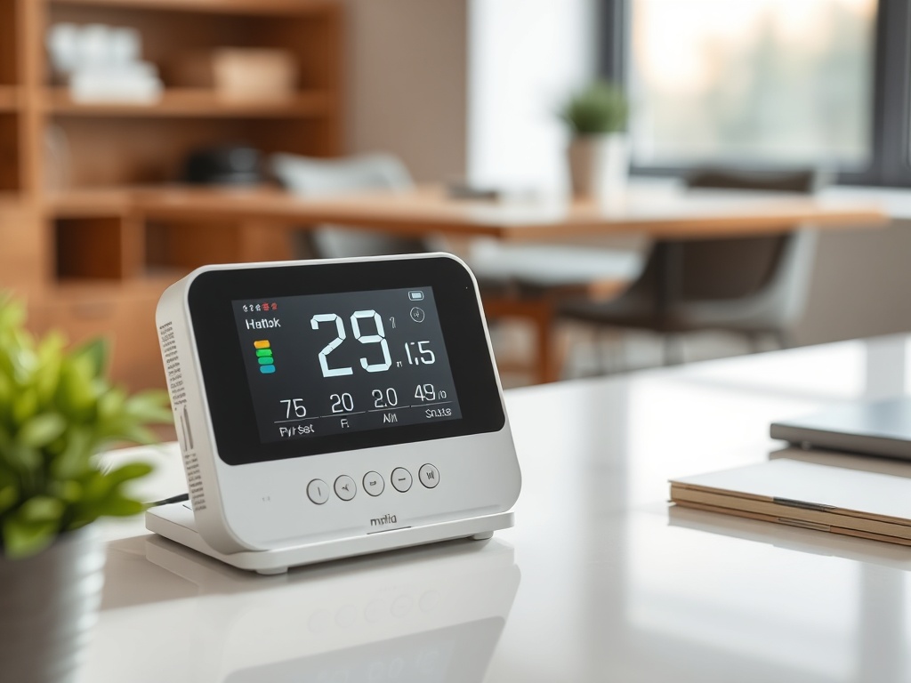 air quality monitor on a desk displaying pollution levels, modern indoor setting