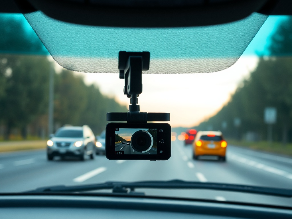 dash cam mounted inside a car windshield recording road traffic during daytime
