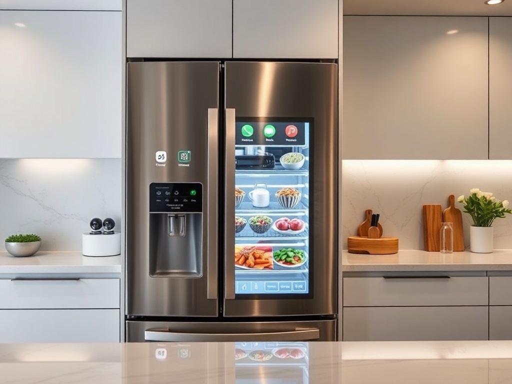 high-tech refrigerator with touchscreen displaying apps and recipes, modern kitchen