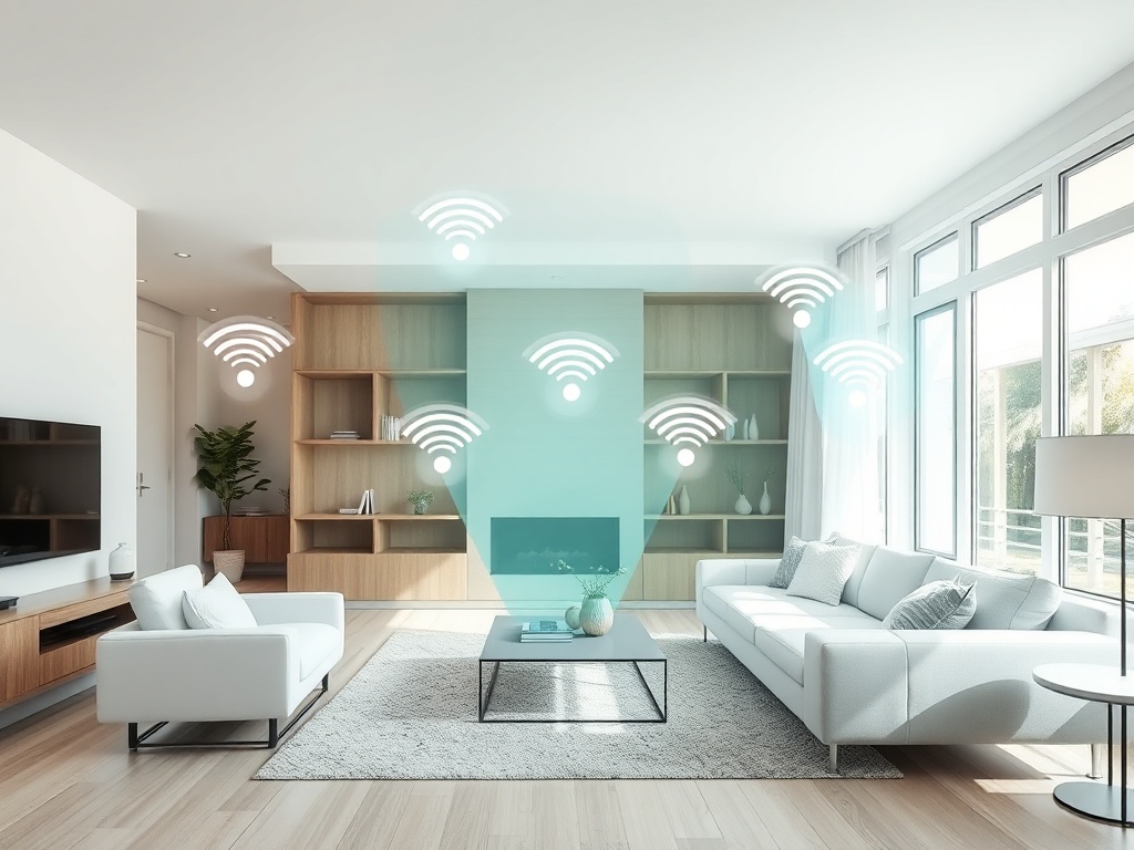 mesh wifi nodes placed throughout a modern home, signal coverage visualization, clean interior design