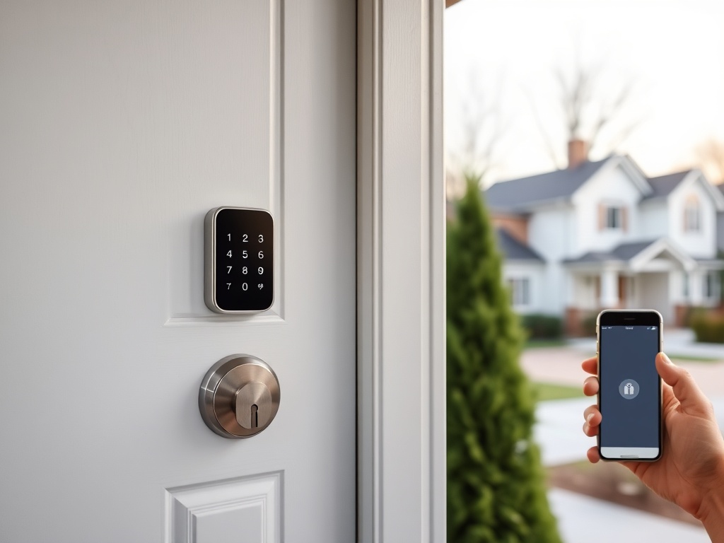 modern smart lock on a front door with keypad and smartphone nearby, suburban home setting