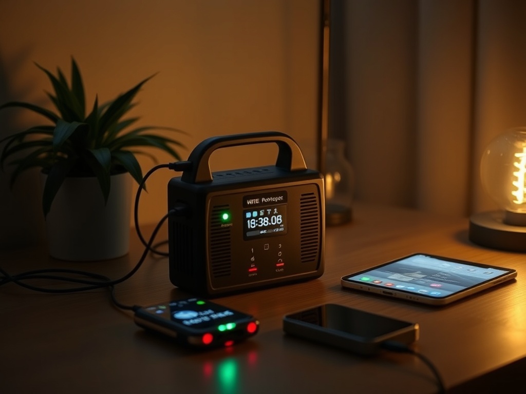 portable power station powering devices during a blackout at home, dim lighting, practical setup