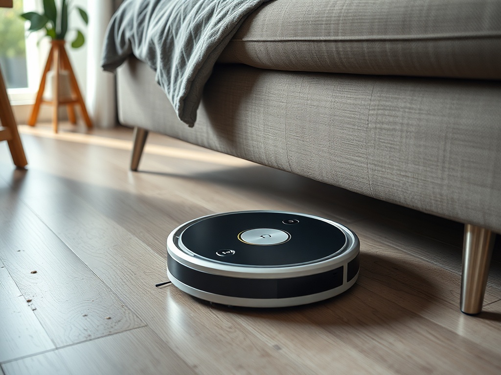 robot vacuum cleaning under a couch in a realistic home environment, slightly messy floor, natural lighting