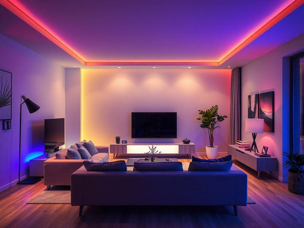 smart lighting setup changing colors in a living room at night, subtle and realistic ambiance