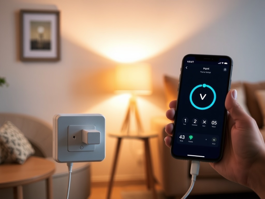 smart plug connected to a lamp in a cozy living room, phone app controlling power, warm ambient light