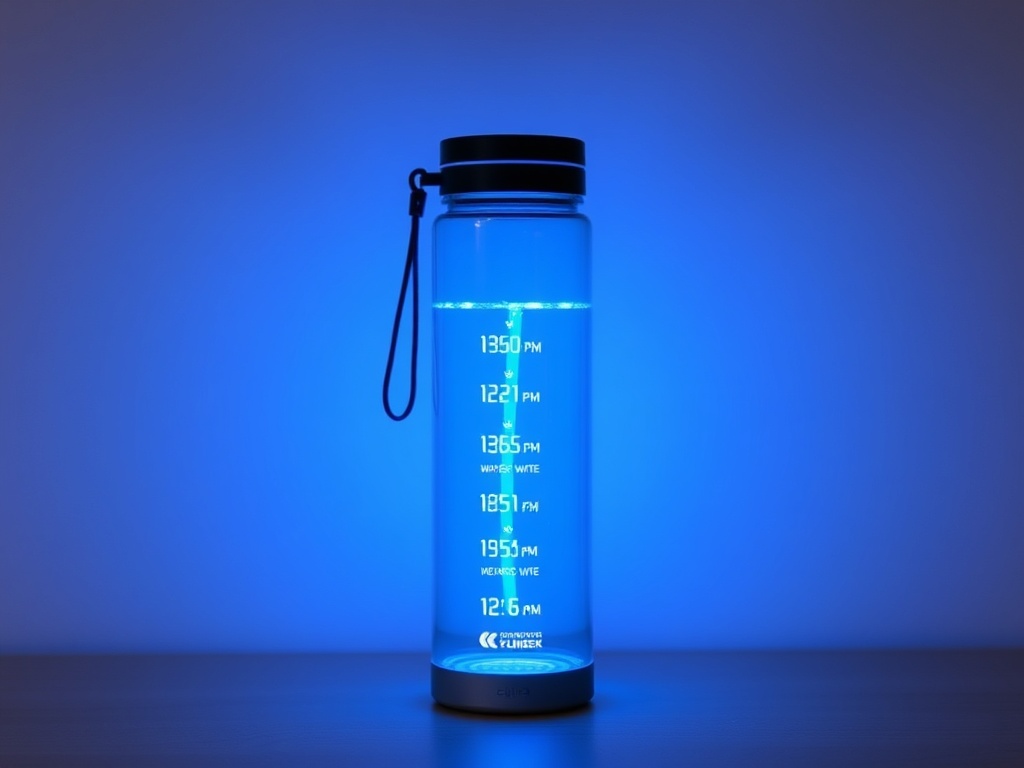 smart water bottle with LED reminders glowing, minimal background