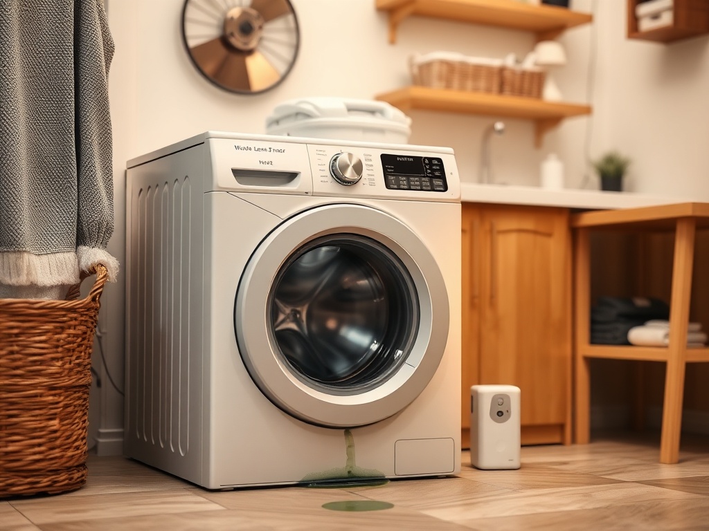 water leak sensor near a washing machine detecting water spill, realistic home utility room