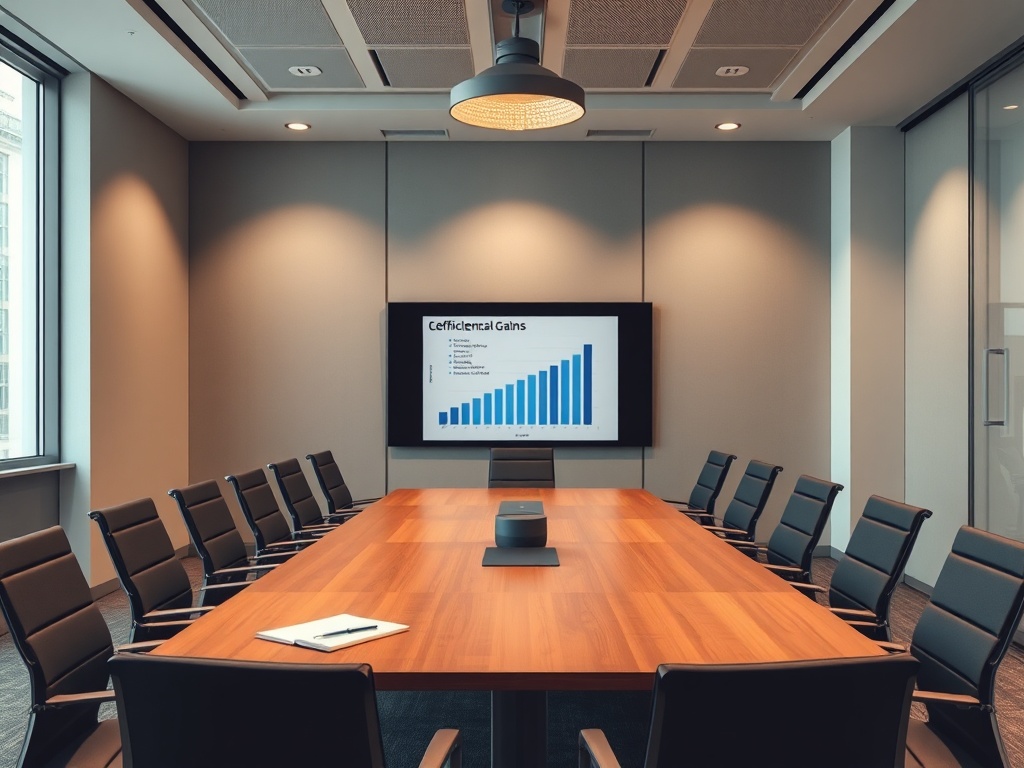 corporate meeting room with subtle tension, charts showing efficiency gains, muted tones