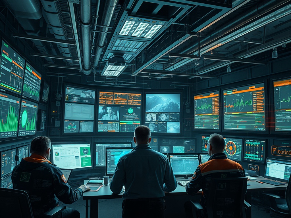 industrial control room with layered digital overlays, engineers monitoring workflows, gritty realistic lighting