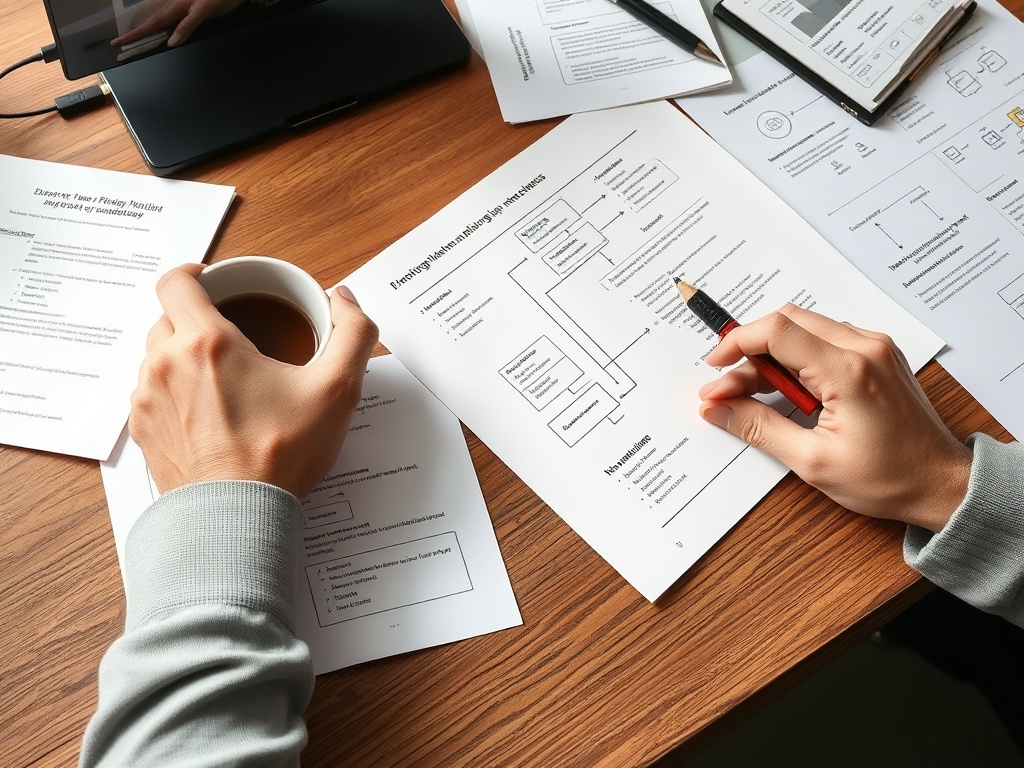 person analyzing workflow diagrams on paper with annotations, coffee cup nearby, realistic desk scene