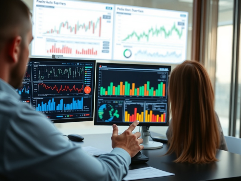 professional reviewing digital reports with layered data visualization screens, focused serious expression
