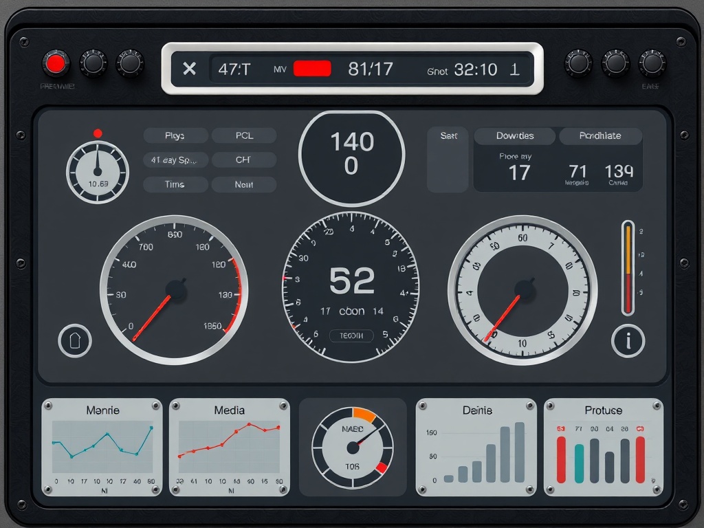 scorecard dashboard with industrial design aesthetic, gauges and metrics, minimalistic