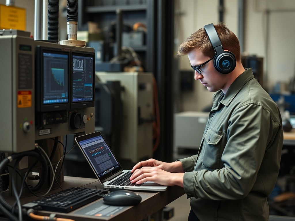 technician integrating digital tools into physical workflow, laptop beside industrial equipment