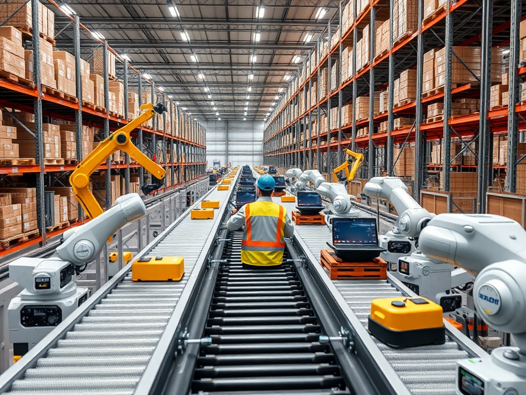 warehouse conveyor system with automation robots and human supervisors working together, realistic environment