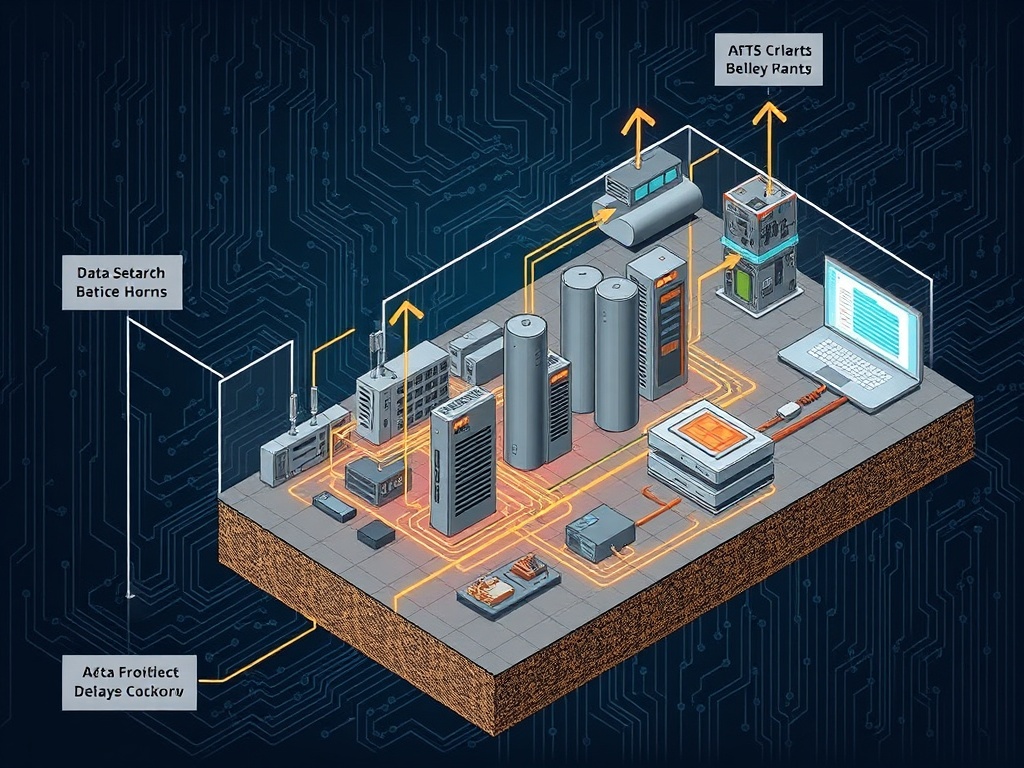 cutaway diagram of data flowing through fragmented systems, arrows showing bottlenecks and delays, industrial schematic style