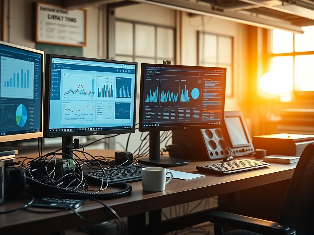 industrial office desk with multiple monitors showing dashboards, messy cables, coffee cup, early morning light, realistic working environment
