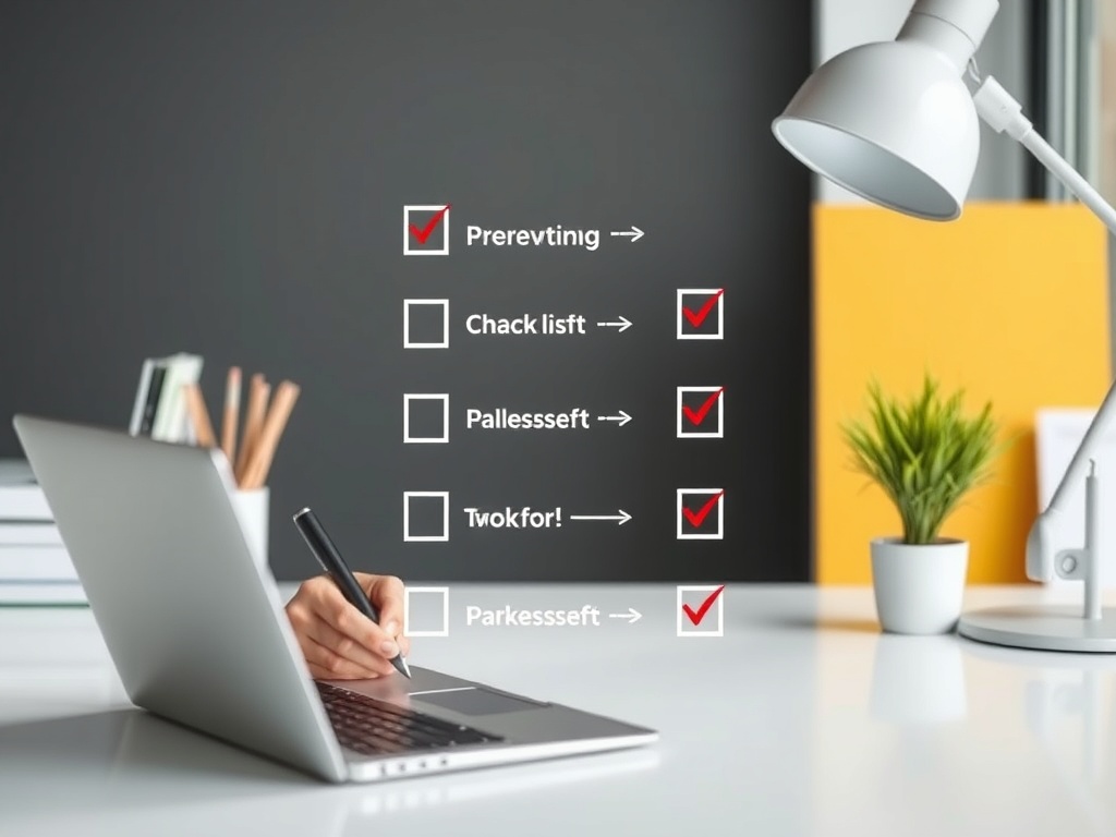 professional reviewing workflow checklist, crossing out unnecessary steps, clean organized workspace