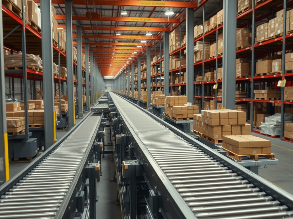 warehouse conveyor system with an extra unnecessary sorting station causing congestion, realistic industrial setting
