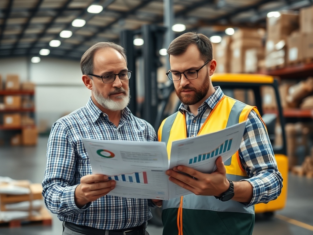 warehouse manager reviewing cost sheets and performance metrics, forklift idle in background, analytical atmosphere