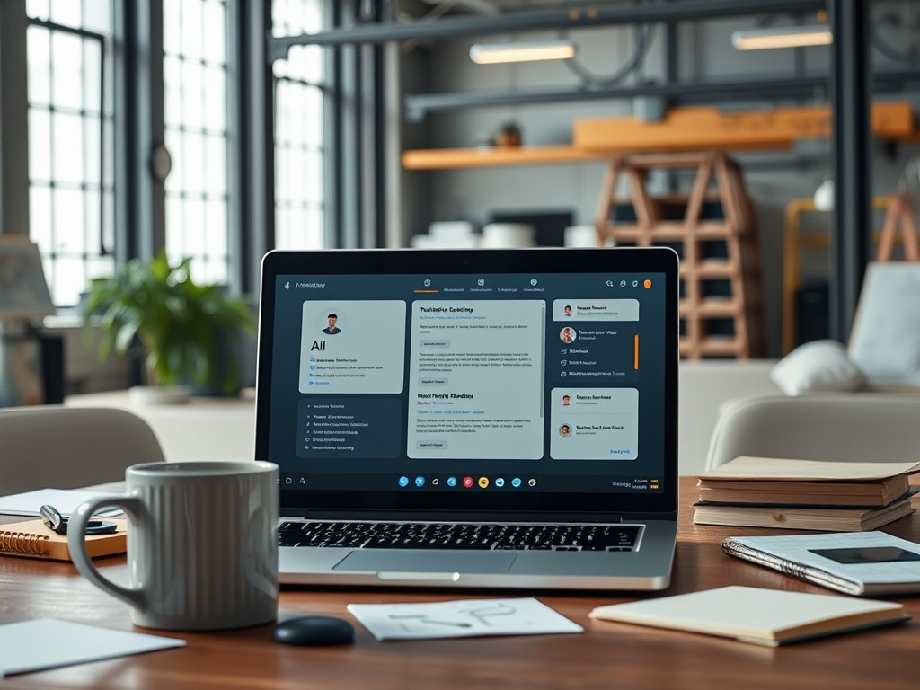 industrial office workspace with laptop showing AI assistant interface, coffee mug, notes scattered, realistic lighting