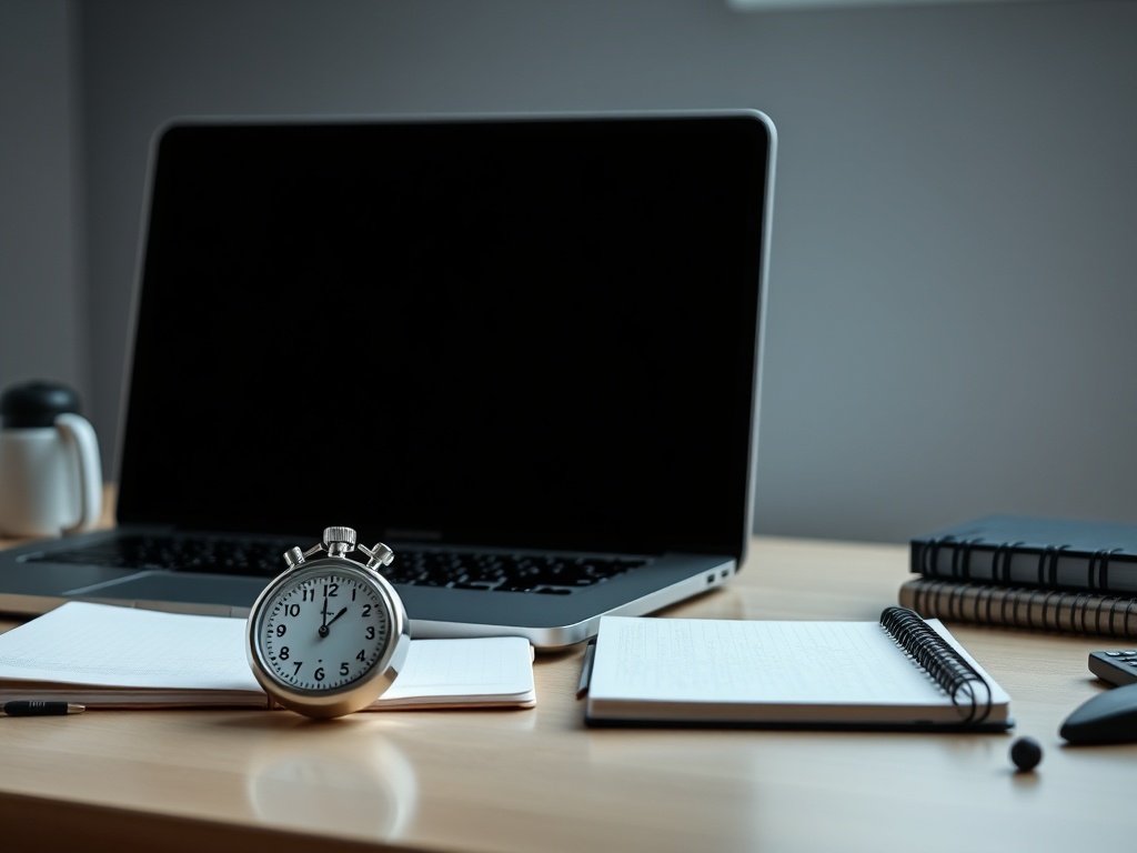 minimalist desk with stopwatch, laptop, and notebook symbolizing time savings and productivity measurement, realistic lighting