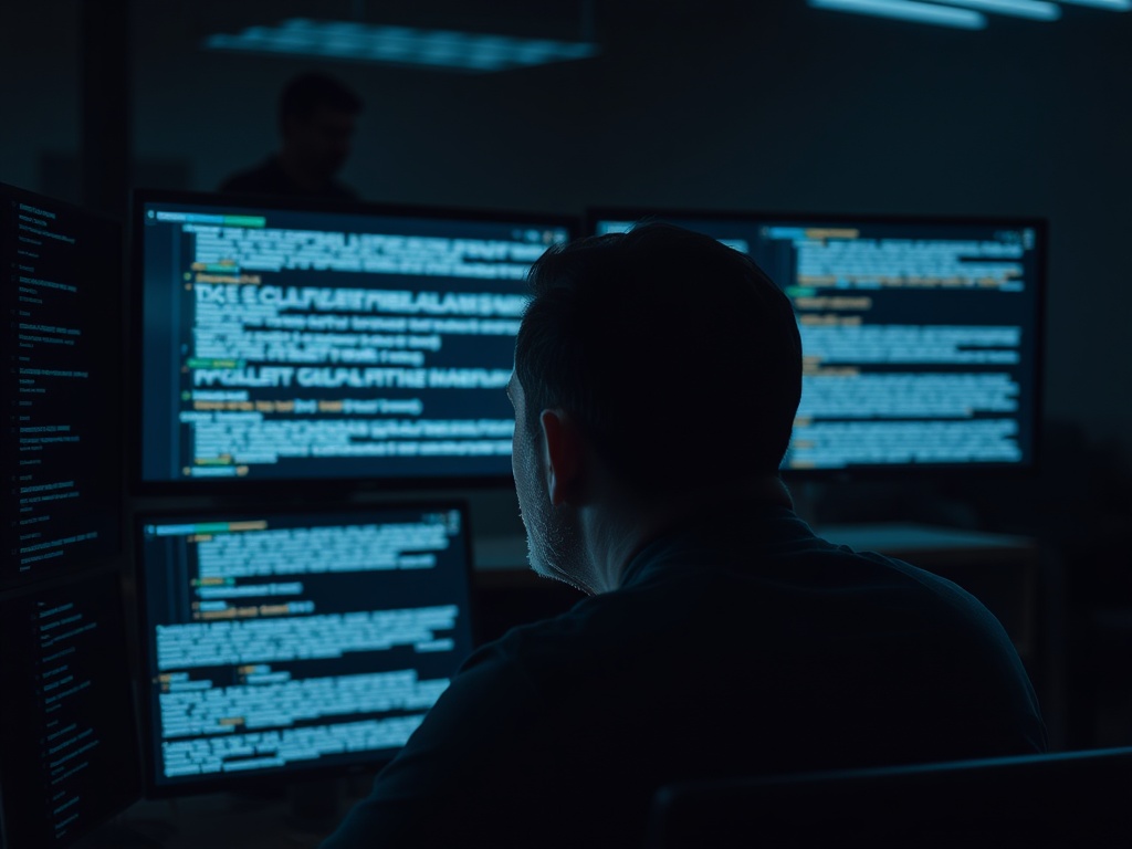 person reviewing multiple screens with AI-generated text, focused expression, dim office lighting, realistic scene