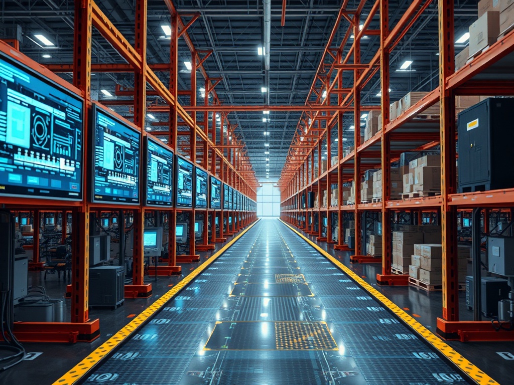 warehouse assembly line metaphor with digital screens and flowing data representing automation, realistic industrial aesthetic