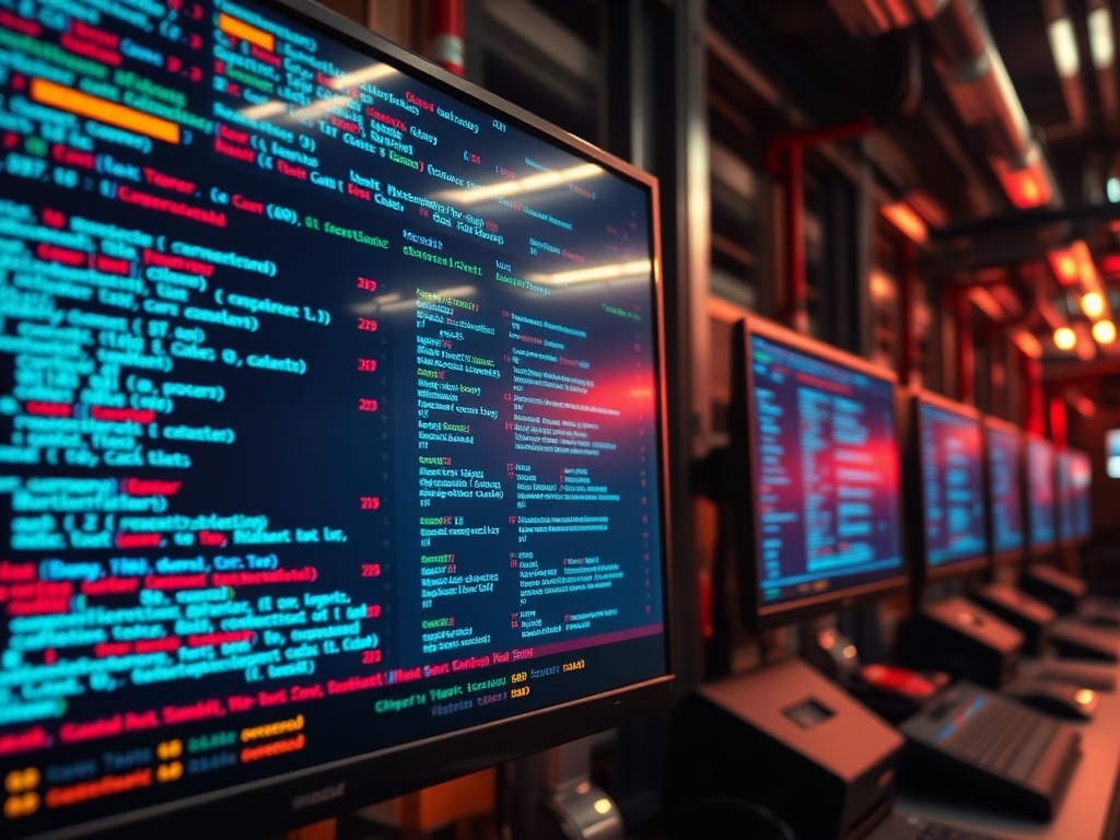 chaotic data inputs and error cases visualized on screens, stress testing scenario, industrial tech aesthetic