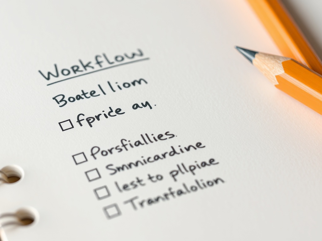 close-up of handwritten checklist defining workflow inputs and outputs, technical notebook style, pencil marks and annotations