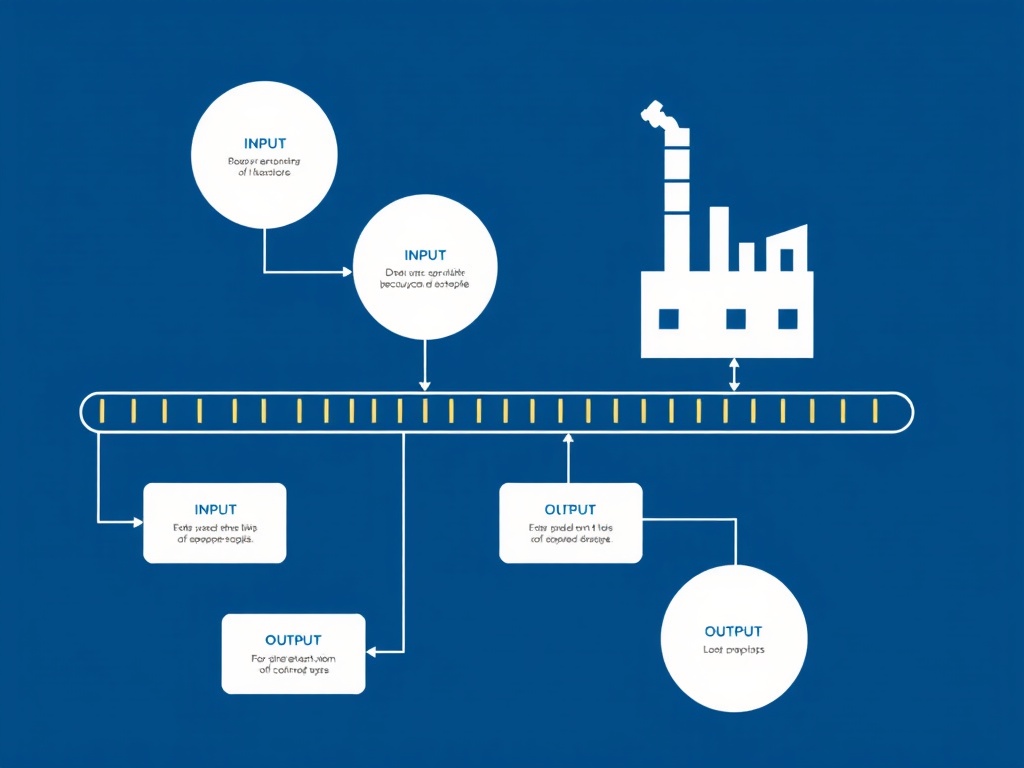 diagram of workflow pipeline like factory conveyor belt with labeled steps input processing output, industrial style visualization