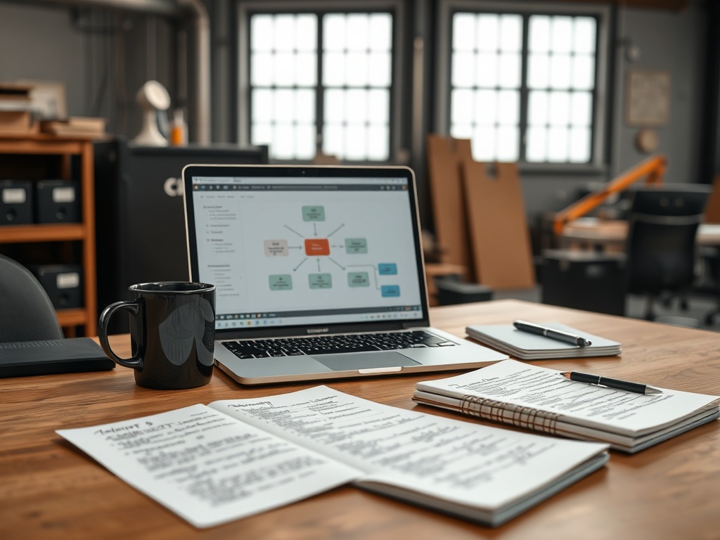 industrial workspace desk with laptop showing structured workflow diagram, coffee mug, notebooks with handwritten notes, realistic lighting