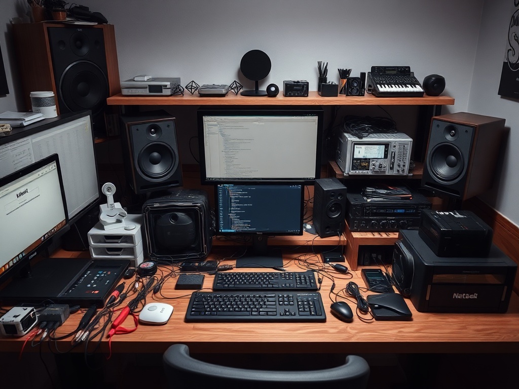 messy desk with too many devices and cables representing tool overload contrasted with clean minimal setup