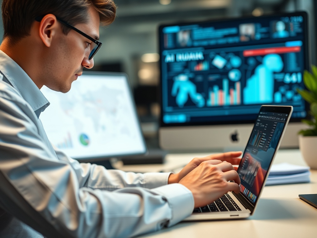 person reviewing AI generated content on laptop with focused expression, realistic office environment