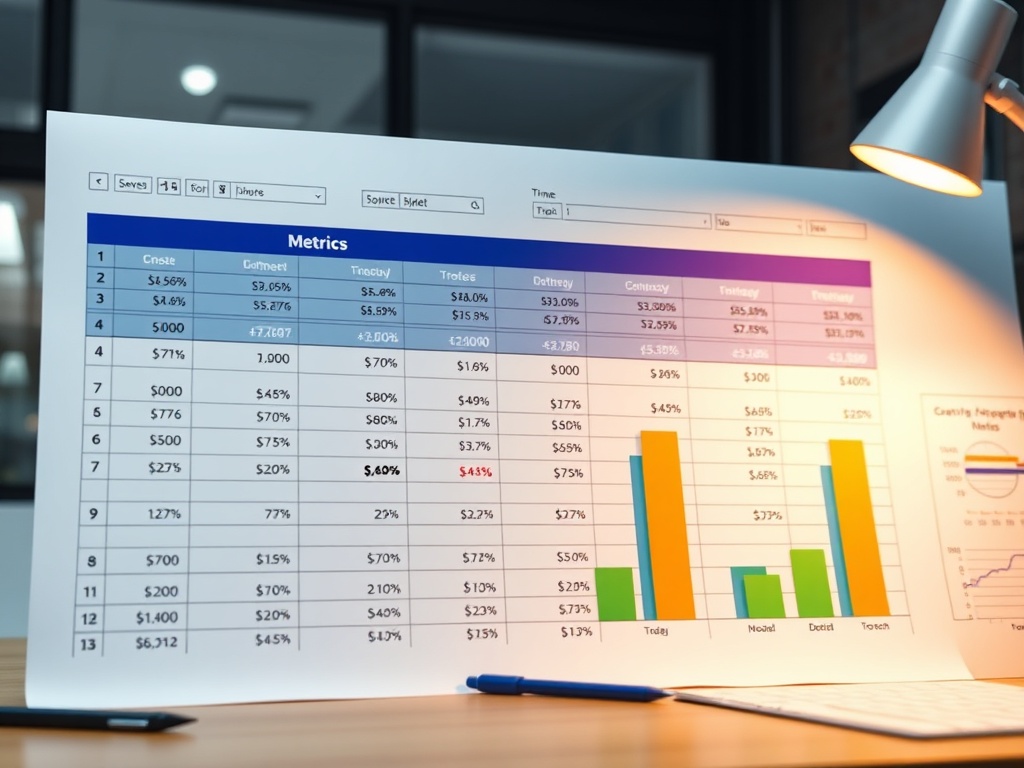 spreadsheet showing cost tracking and time savings metrics, analytical workspace, realistic lighting