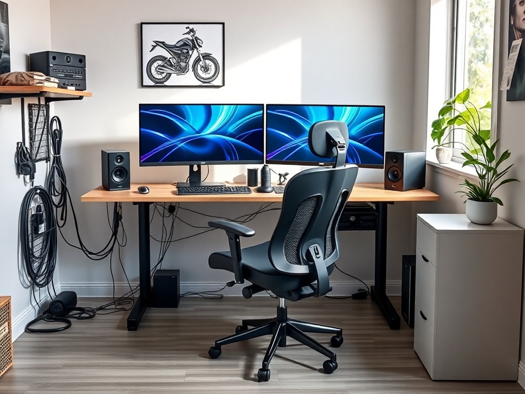 A modern home office with ergonomic chair, dual monitors, cable management, and natural light