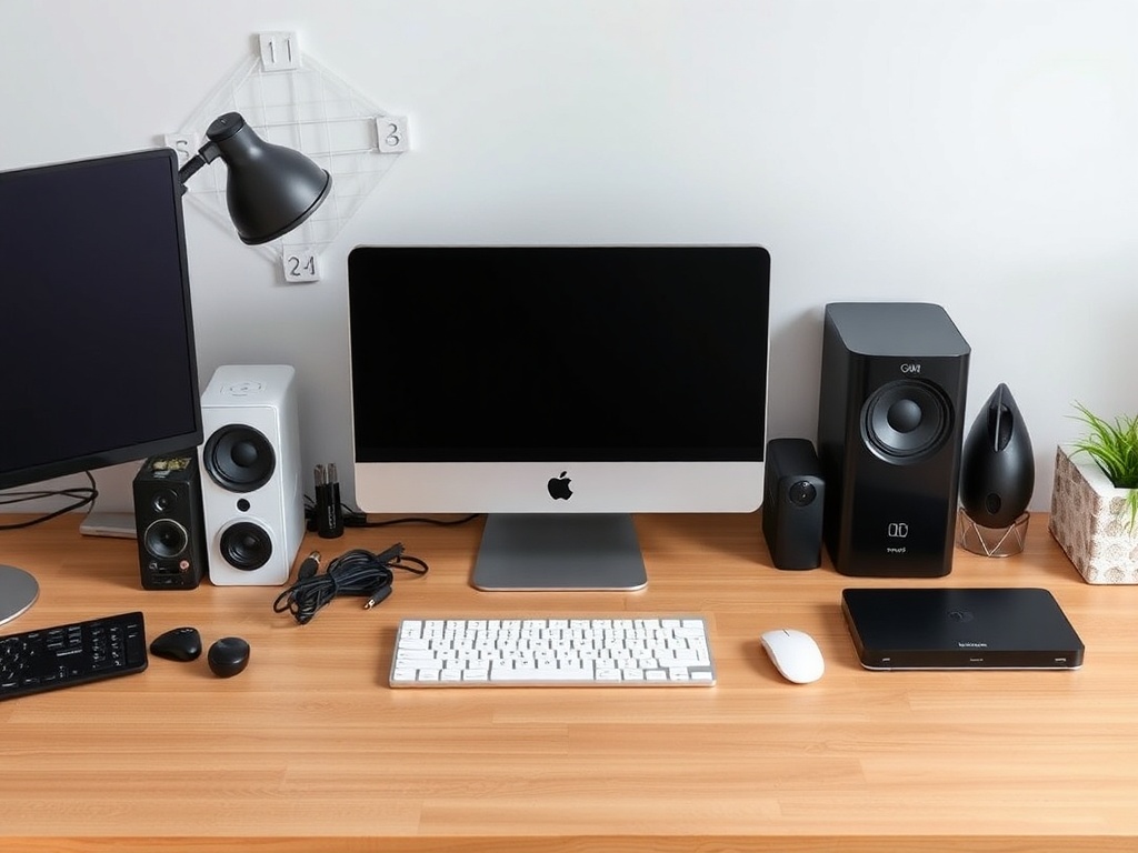 Desk with neatly organized peripherals, docking station, and minimal clutter