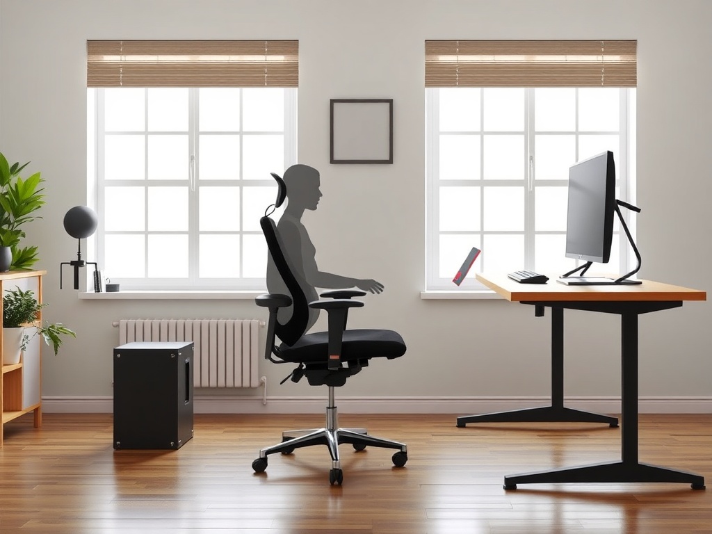 Ergonomic home office setup showing correct chair, desk, and monitor alignment with annotations