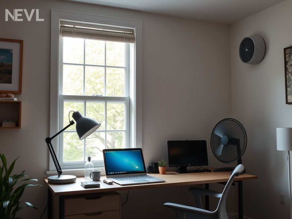 Home office with natural lighting, LED desk lamp, and temperature-controlled fan