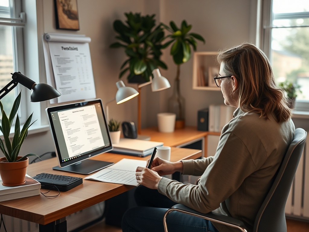Person testing home office setup with checklist and notes