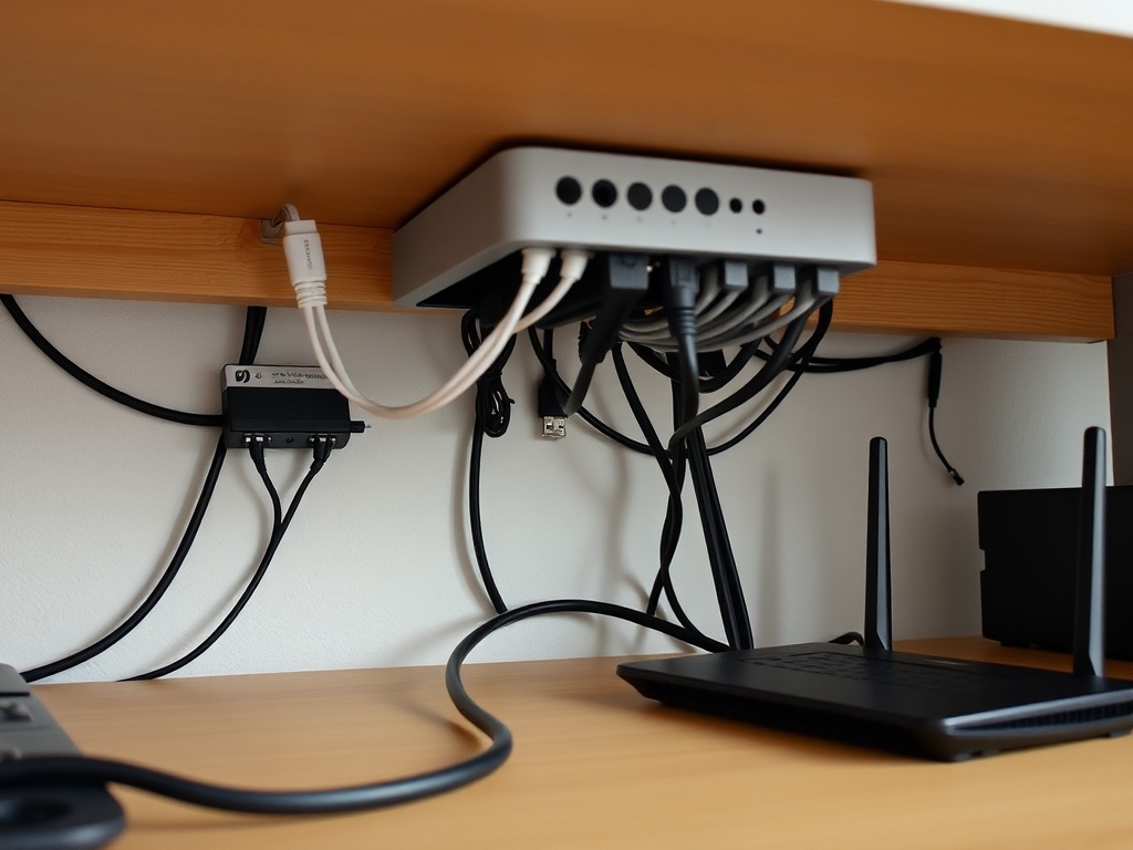 Under-desk cable management setup with labeled cables and a strong Wi-Fi router
