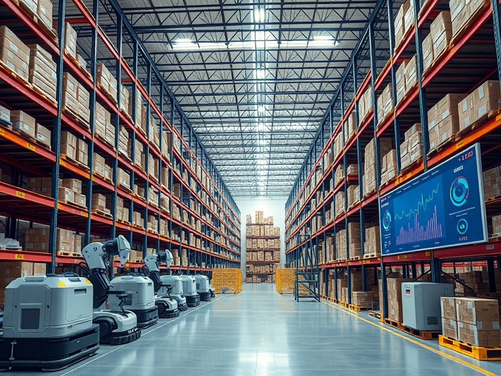 detailed visual of a large warehouse with inventory management system, using robots for automation and a digital dashboard showing live data