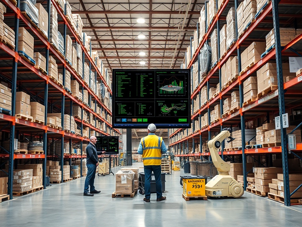 inventory control system monitoring warehouse with workers and robots