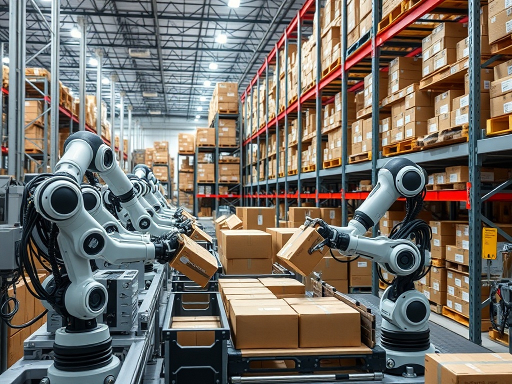 robots sorting products in a warehouse with automated packaging systems
